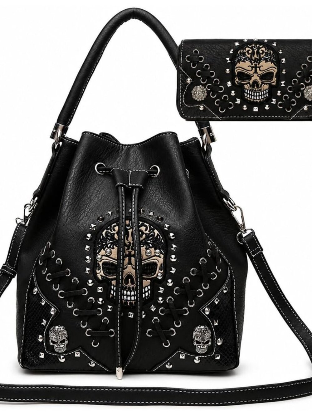 Skull Bucket Purse with Matching Wallet for Women